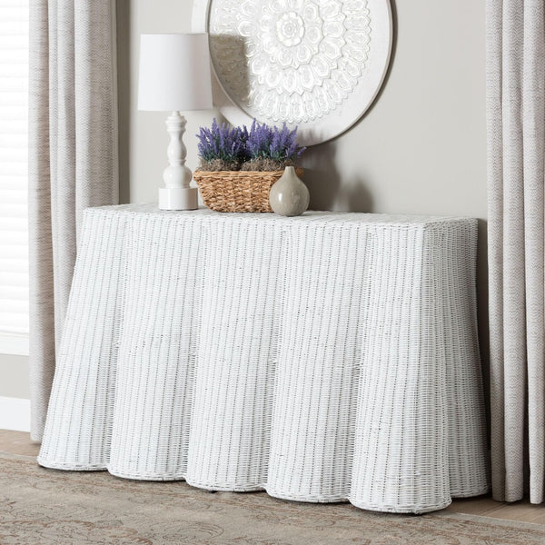 Baxton Studio bali Bali Palm Bohemian Rattan Console Table - Handcrafted Tropical Charm for Entryways & Living Spaces White Console Palm-White Rattan-Console Table