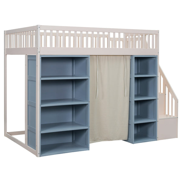 English Elm Full Size Loft Bed With Stylish Storage Cabinets, Privacy Curtain & Multi-Functional Design - White/Blue GX003006AAK