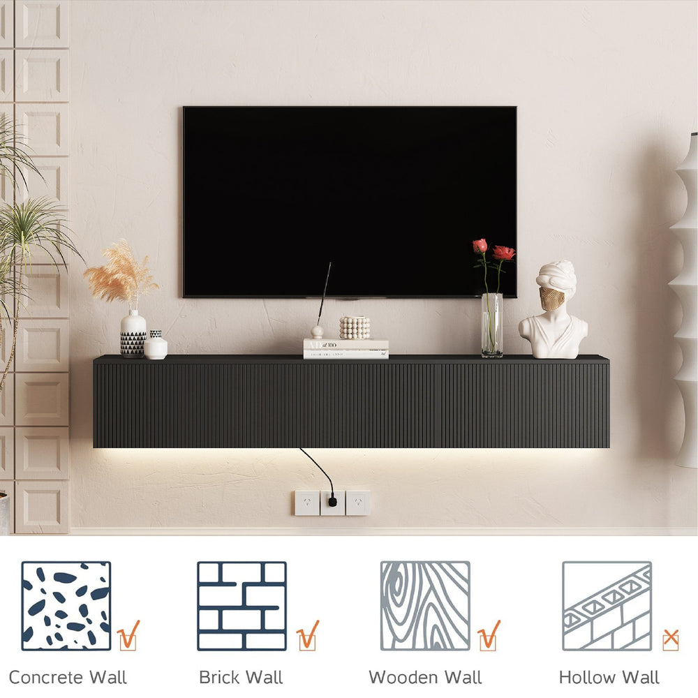 English Elm Floating TV Stand Wall Mounted with 16-Color LED Accent Lights, Modern 69" Floating Cabinet with Ample Storage and Sturdy MDF Build Black 74.8 L x 21.46 W x 5.51 H W1321P292553