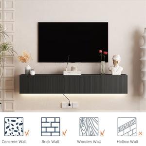 English Elm Floating TV Stand Wall Mounted with 16-Color LED Accent Lights, Modern 69" Floating Cabinet with Ample Storage and Sturdy MDF Build Black 74.8 L x 21.46 W x 5.51 H W1321P292553