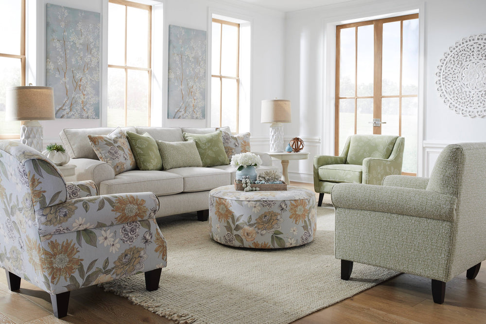 Fusion Celadon Flora Powder Accent Chair With Rolled Arms & Tapered Legs – Stylish Multi-pattern Design Multi S ,50% Polyester 24% Cotton 12% Rayon 14% Linen 532 Flora Powder Accent Chair