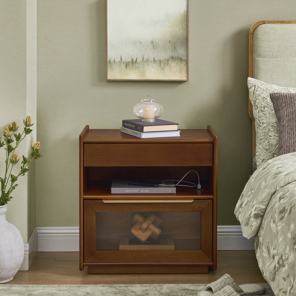 English Elm Mid Century Modern Nightstand With Usb Charging Ports, Glass Drawer & Ample Storage For Any Room W1801P303389