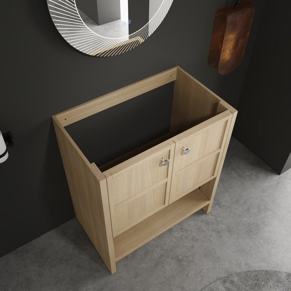 English Elm 30" Freestanding modern oak bathroom vanity with integrated basin, soft-close doors & open shelf storage, plywood construction W1972P268403