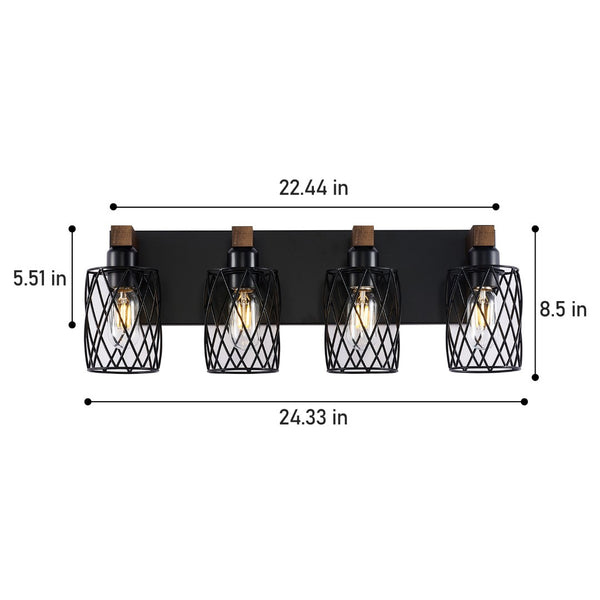 English Elm 4-light Industrial Farmhouse Vanity Bar Wood Backplate Matte Black Cage Bathroom Sconce T3963P458304