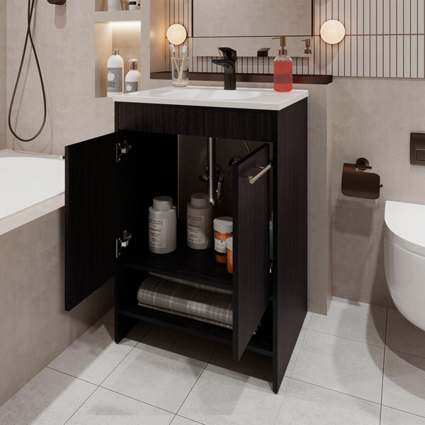 English Elm Shell Space-Saving Bathroom Vanity with Soft-Close Doors and Open Shelf, Scratch-Resistant Finish Wenge 37 L x 23 W x 13 H B128P314798