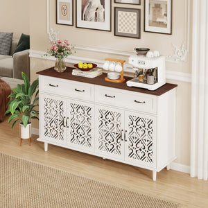 English Elm Vintage Farmhouse Sideboard with Hand-carved Doors Two-tone Distressed Wood Finish W688P360028