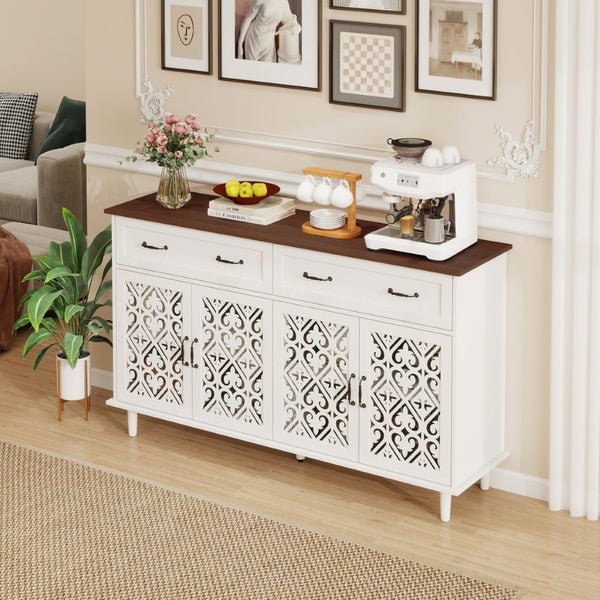English Elm Vintage Farmhouse Sideboard with Hand-carved Doors Two-tone Distressed Wood Finish W688P360028
