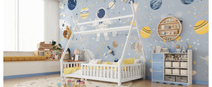 English Elm Twin House Bed with Roof and Guardrails, Low Floor Kids Playhouse Bed with Tent and Lights, Cozy Design White 80.91 L x 15.55 W x 6.5 H W2593P296909
