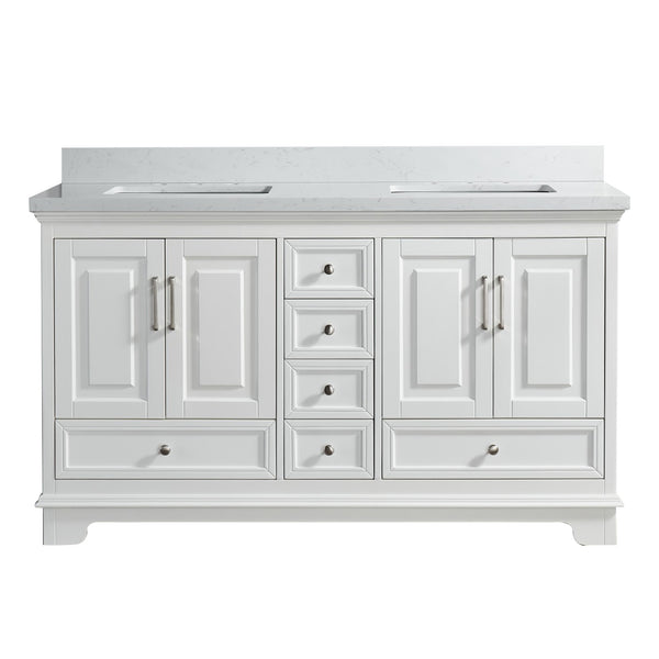 English Elm Fully 60'' Freestanding Double Bathroom Vanity with Solid Wood Base and Carrara Engineered Marble Top White W1826P382807