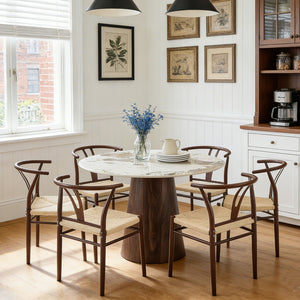 English Elm Table and Chair Set 42 Inch Round Stone Look Top with Six Rope Woven Wishbone Seats W2920S00157