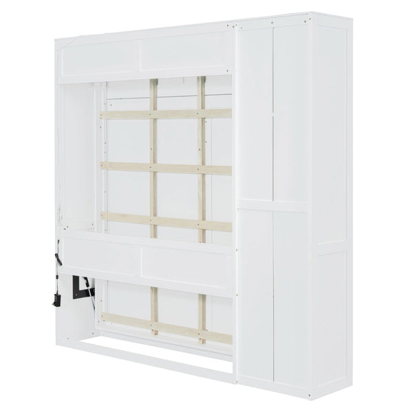 English Elm Full Size Murphy Bed with Open Shelving Wardrobe and Led Lighting for Studio Spaces White LP000898AAK