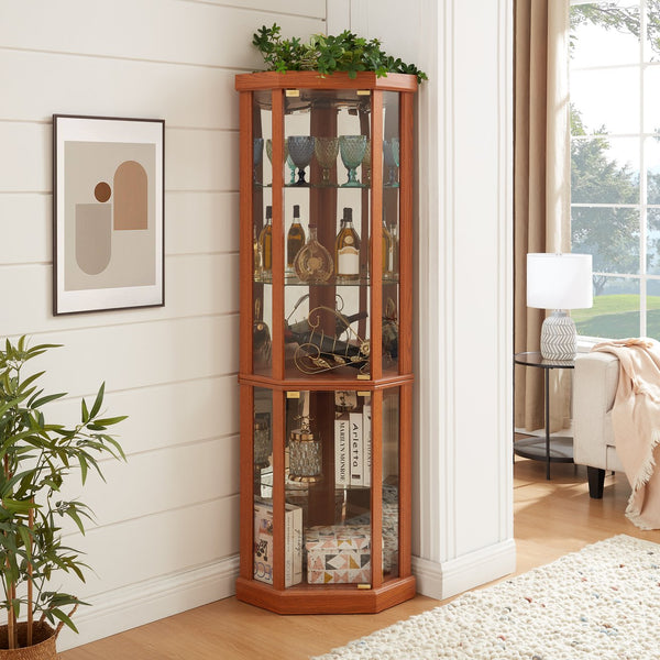 English Elm Lighted Corner Curio Cabinet - Stylish Dark Oak Display Case With Adjustable Shelves & Built-In Lighting W1758P300103