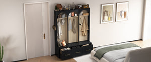English Elm Farmhouse Hall Tree with Arched Panels Bench Drawers and Hooks for Mudroom Entryway Black W5271S00005