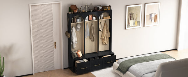 English Elm Farmhouse Hall Tree with Arched Panels Bench Drawers and Hooks for Mudroom Entryway Black W5271S00005