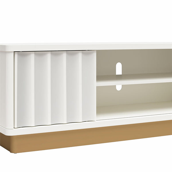 English Elm Rene Glossy White Scalloped TV Stand with Sliding Doors & Gold Base for TVs up to 65" — Chic Organizer B2733P395076