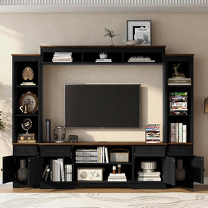 English Elm U-can Farmhouse Wall Unit with Barn Doors Built-in Power Outlets and Open Shelving Black+Brown SJ000154AAB