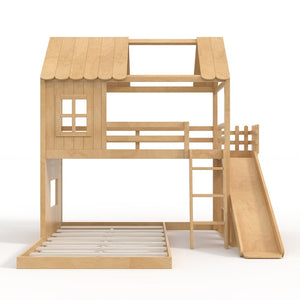English Elm Twin Over Full Playhouse Bunk Bed with Slide Ladder Storage Shelves and Wardrobe W5305S00040