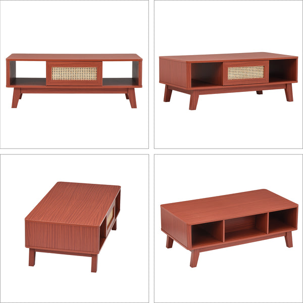 English Elm Coffee Mid Century Storage Coffee Table with Rattan Drawer, Solid Wood Legs, Durable 110lb Capacity Cherry T3623P380686