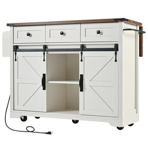 English Elm K&k Farmhouse Rolling Kitchen Island with Drop Leaf Power Outlets and Storage Cabinet White N707S170347W