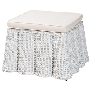 Baxton Studio bali Bali Palm Bohemian Rattan Ottoman - Handcrafted Accent Piece with Scalloped Base and Cushion Comfort White Palm-White Rattan-Ottoman w/ Cushion