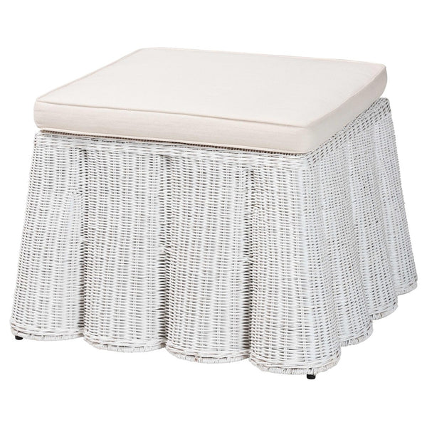 Baxton Studio bali Bali Palm Bohemian Rattan Ottoman - Handcrafted Accent Piece with Scalloped Base and Cushion Comfort White Palm-White Rattan-Ottoman w/ Cushion