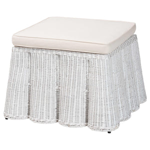 Baxton Studio Bali & Pari Palm Bohemian White Scallop Rattan Ottoman White Natural Rattan(Outer Material),Plywood(Underneath Seat),Metal(Internal Frame) Palm-white Rattan-ottoman W/ Cushion