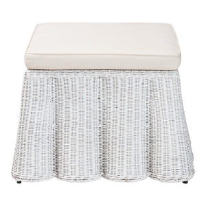 Baxton Studio bali Bali Palm Bohemian Rattan Ottoman - Handcrafted Accent Piece with Scalloped Base and Cushion Comfort White Palm-White Rattan-Ottoman w/ Cushion