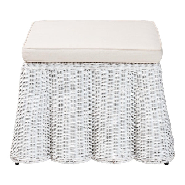 Baxton Studio bali Bali Palm Bohemian Rattan Ottoman - Handcrafted Accent Piece with Scalloped Base and Cushion Comfort White Palm-White Rattan-Ottoman w/ Cushion