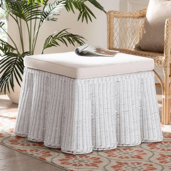 Baxton Studio bali Bali Palm Bohemian Rattan Ottoman - Handcrafted Accent Piece with Scalloped Base and Cushion Comfort White Palm-White Rattan-Ottoman w/ Cushion