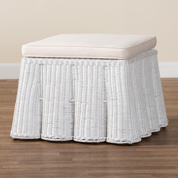 Baxton Studio bali Bali Palm Bohemian Rattan Ottoman - Handcrafted Accent Piece with Scalloped Base and Cushion Comfort White Palm-White Rattan-Ottoman w/ Cushion