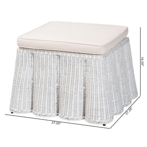 Baxton Studio bali Bali Palm Bohemian Rattan Ottoman - Handcrafted Accent Piece with Scalloped Base and Cushion Comfort White Palm-White Rattan-Ottoman w/ Cushion
