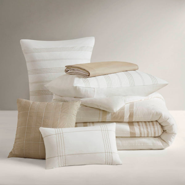 English Elm 6-piece Cotton Dobby Full Comforter Set Tropical Coastal Embroidered Pillow Accents B035P463271