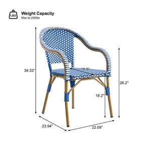 English Elm Outdoor Woven Rattan Bistro Armchairs Set of 2 Aluminum Frame Patio Cafe Seating Blue,Natural+White N768P386559N