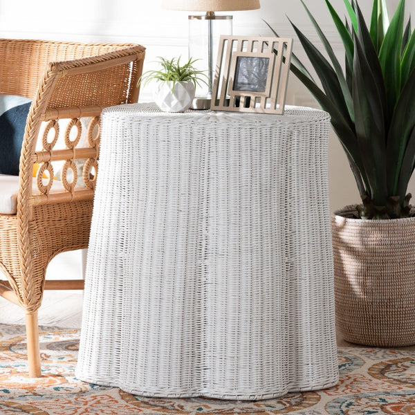 Baxton Studio bali Bohemian White Scalloped Rattan Console Table – Handcrafted, Stylish, Fully Assembled Decor Piece Palm-White Rattan Round-Console Table