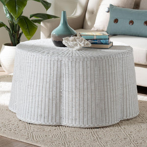 Baxton Studio bali Scalloped Rattan Coffee Table – Handwoven Coastal Boho Accent Table for Living Room & Patio Palm-White Rattan-Coffee Table