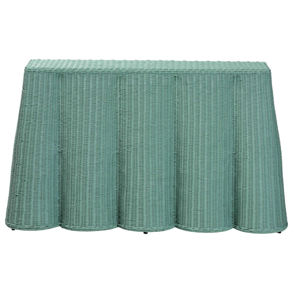 Baxton Studio bali Palm Bohemian Seafoam Green Scallop Rattan Console Table - Handcrafted Coastal Charm & Style Palm-Green Rattan-Console Table