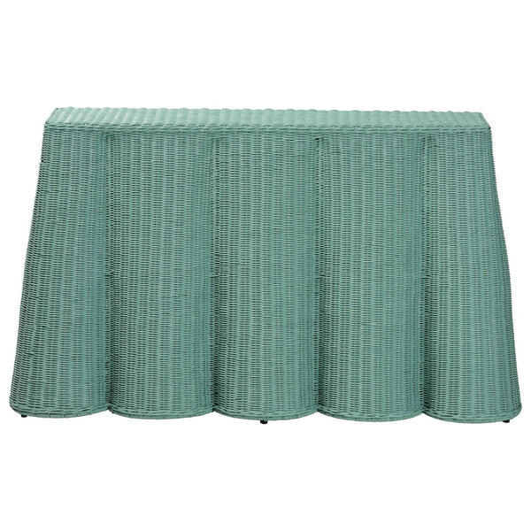 Baxton Studio bali Palm Bohemian Seafoam Green Scallop Rattan Console Table - Handcrafted Coastal Charm & Style Palm-Green Rattan-Console Table