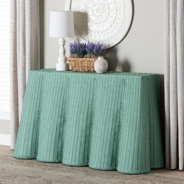 Baxton Studio bali Palm Bohemian Seafoam Green Scallop Rattan Console Table - Handcrafted Coastal Charm & Style Palm-Green Rattan-Console Table