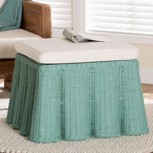 Baxton Studio bali Scallop Rattan Ottoman - Handcrafted Seafoam Green Footstool for Bohemian Living Spaces Palm-Green Rattan-Ottoman w/ Cushion