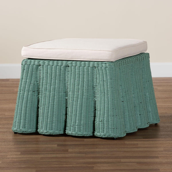 Baxton Studio bali Scallop Rattan Ottoman - Handcrafted Seafoam Green Footstool for Bohemian Living Spaces Palm-Green Rattan-Ottoman w/ Cushion