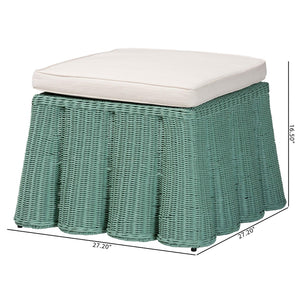 Baxton Studio bali Scallop Rattan Ottoman - Handcrafted Seafoam Green Footstool for Bohemian Living Spaces Palm-Green Rattan-Ottoman w/ Cushion