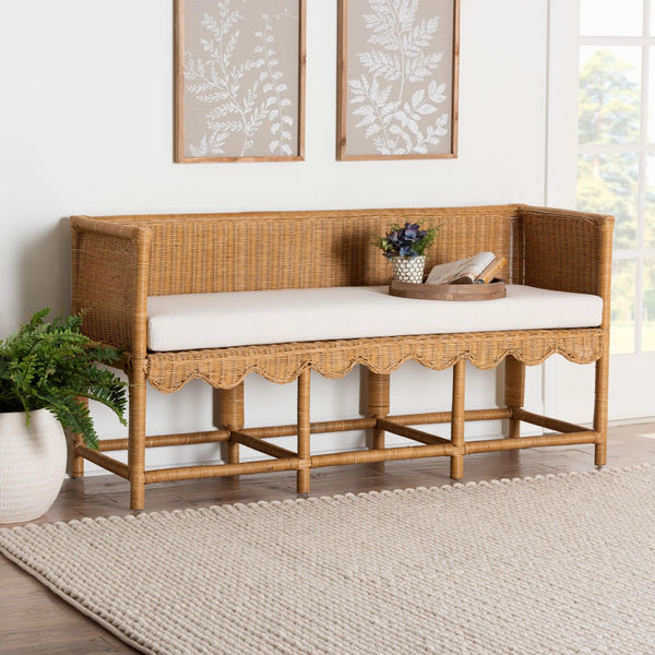 Baxton Studio bali Serenay Bohemian Scallop Rattan Accent Bench - Handcrafted Comfort & Style for Any Space Palm Short-Natural Rattan-Bench