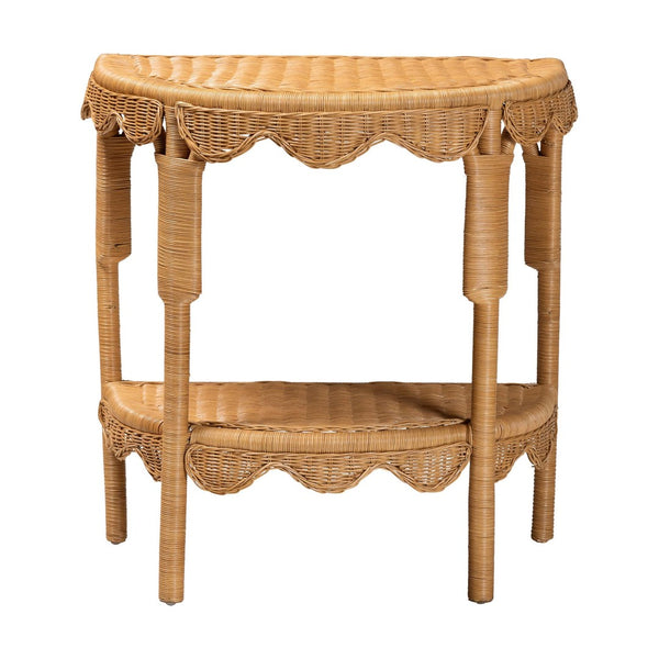 Baxton Studio bali Bohemian Scallop Rattan Console Table – Handcrafted Half-Moon Design for Stylish Entryway Decor Palm Short-Natural Rattan-Console Table