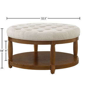 English Elm Large Round Tufted Ottoman Coffee Table with Wood Shelf for Living Room Lounge Ivory W2186P212193