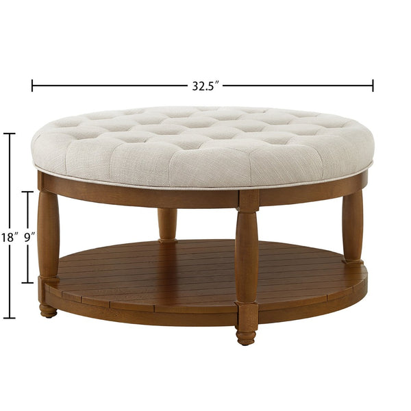 English Elm Large Round Tufted Ottoman Coffee Table with Wood Shelf for Living Room Lounge Ivory W2186P212193