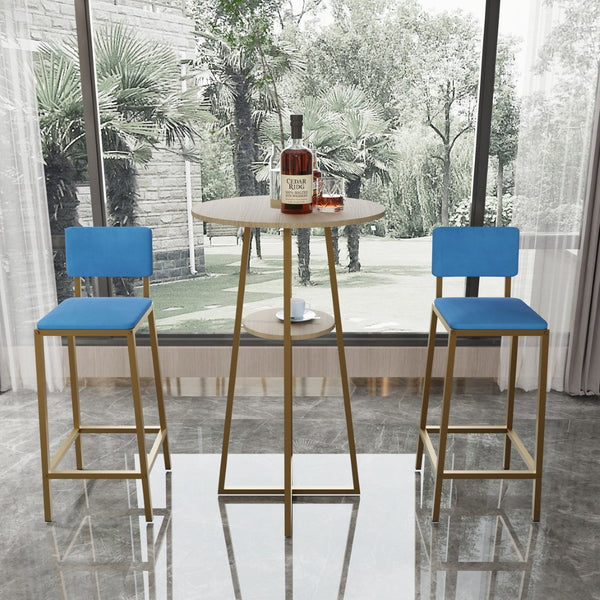 English Elm Bar Table and Chair Set Gold Frame Blue Velvet Cushions with Built-in Storage Shelf W3064P245389