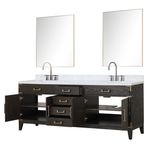 English Elm Brown Oak Double Bath Vanity Set With Carrara Marble Top, Chrome Faucets & 36" Mirrors - Elevate Style! B2731S01878