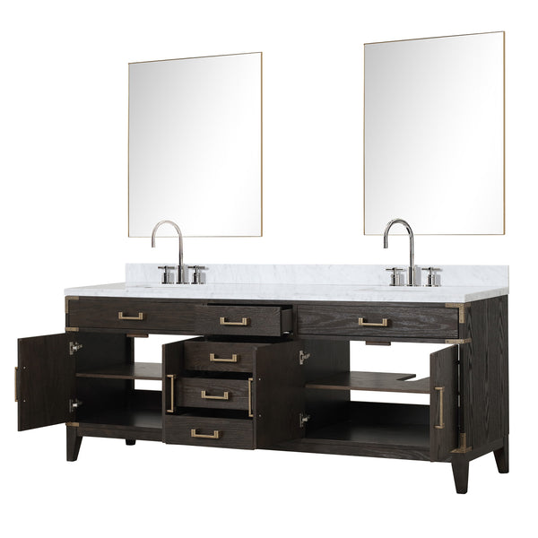 English Elm Brown Oak Double Bath Vanity Set With Carrara Marble Top, Chrome Faucets & 36" Mirrors - Elevate Style! B2731S01878