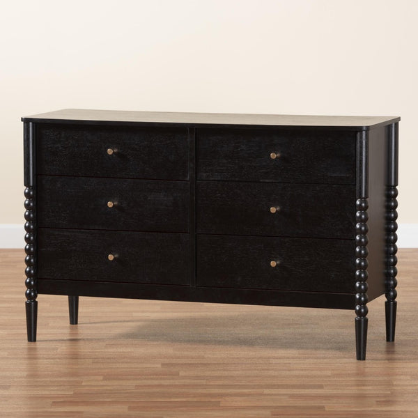 Baxton Studio Baxton Studio Lucera Mid-Century 6-Drawer Dresser with Elegant Bobbin Detailing for Stylish Storage Black MG9011-Black-6DW-Dresser