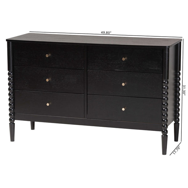 Baxton Studio Baxton Studio Lucera Mid-Century 6-Drawer Dresser with Elegant Bobbin Detailing for Stylish Storage Black MG9011-Black-6DW-Dresser
